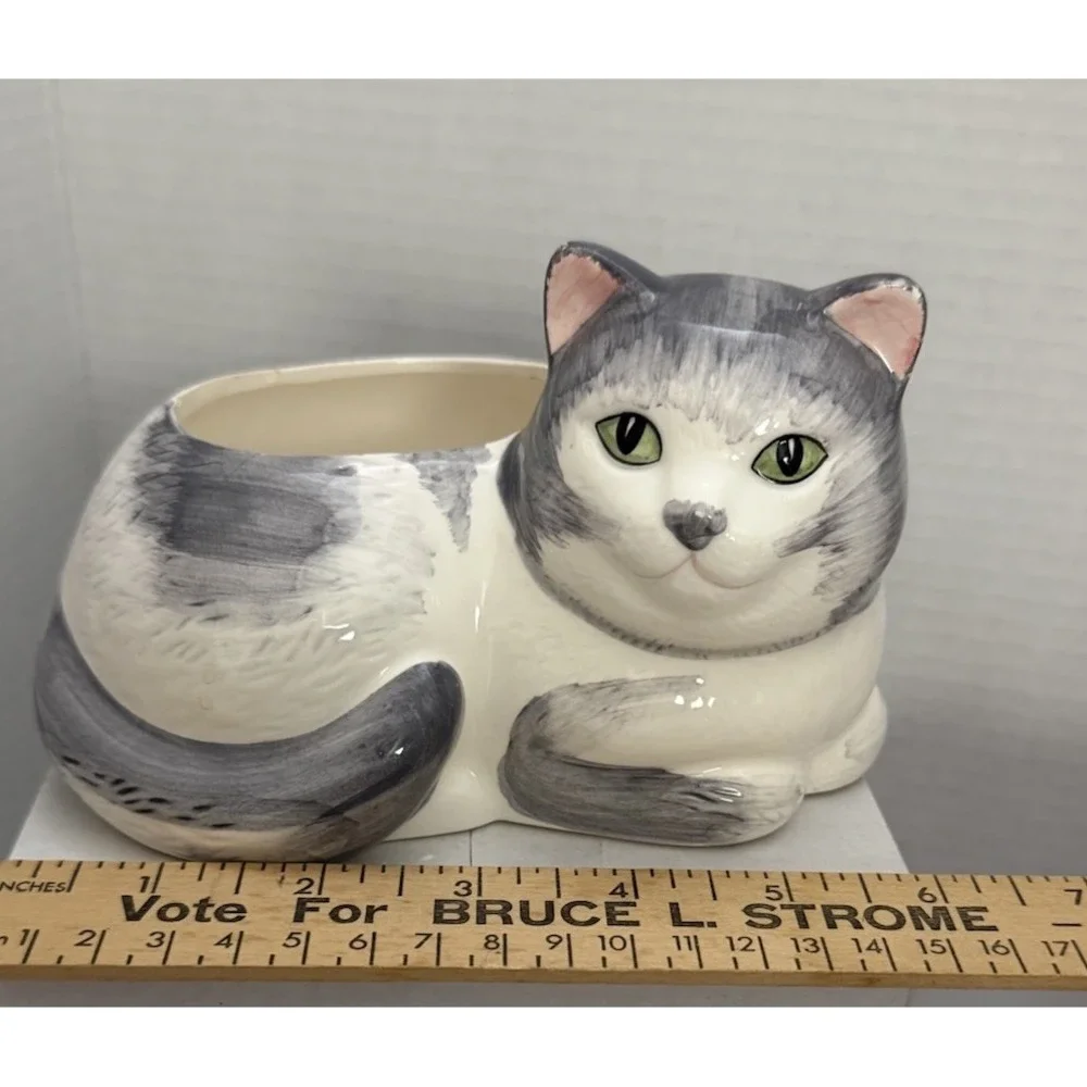 Ceramic Gray & White Cat Planter | Figural Cat Lover Decor | 7